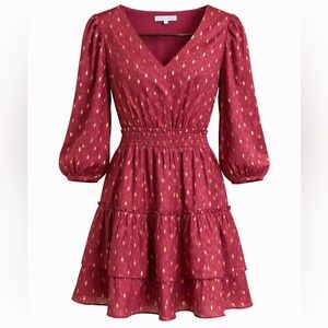 Joy Joy Burgundy Tiered Mini Dress | Smocked Waist Puff Sleeve | Size Small